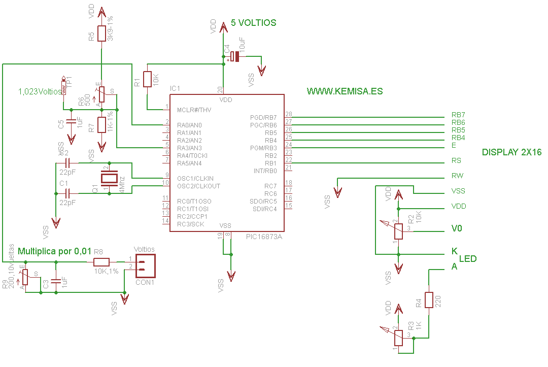 Esquema voltímetro digital con pic